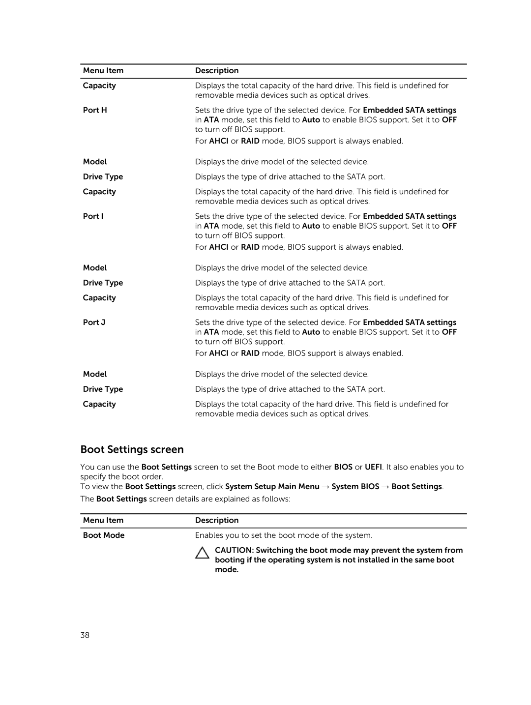 Dell E26S Series owner manual Boot Settings screen 