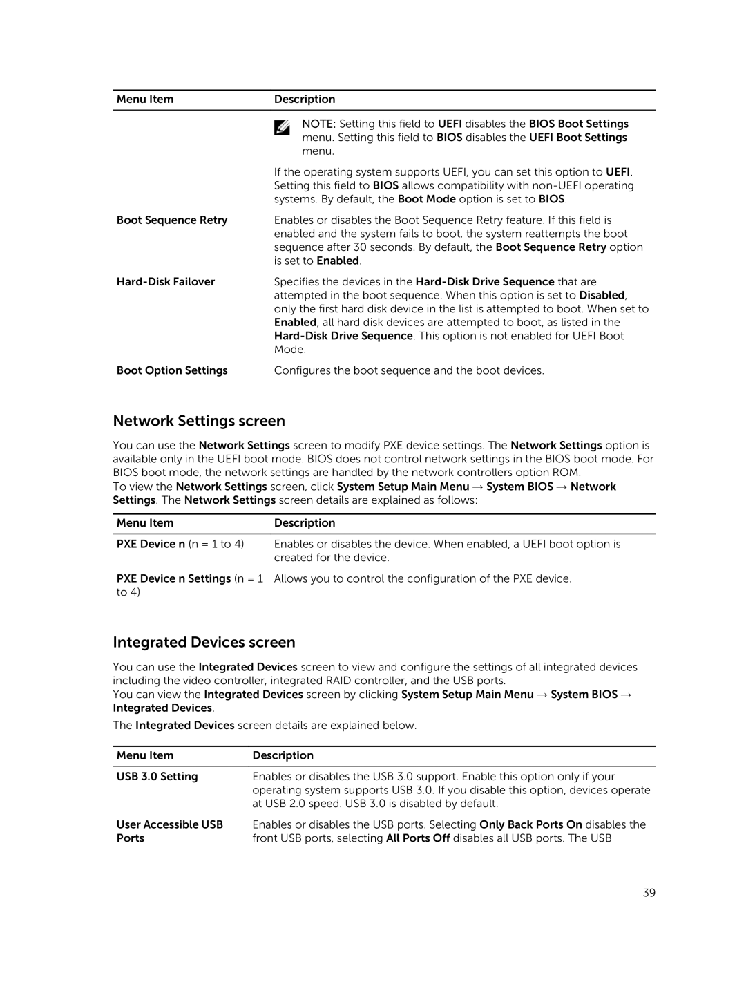 Dell E26S Series owner manual Network Settings screen, Integrated Devices screen 