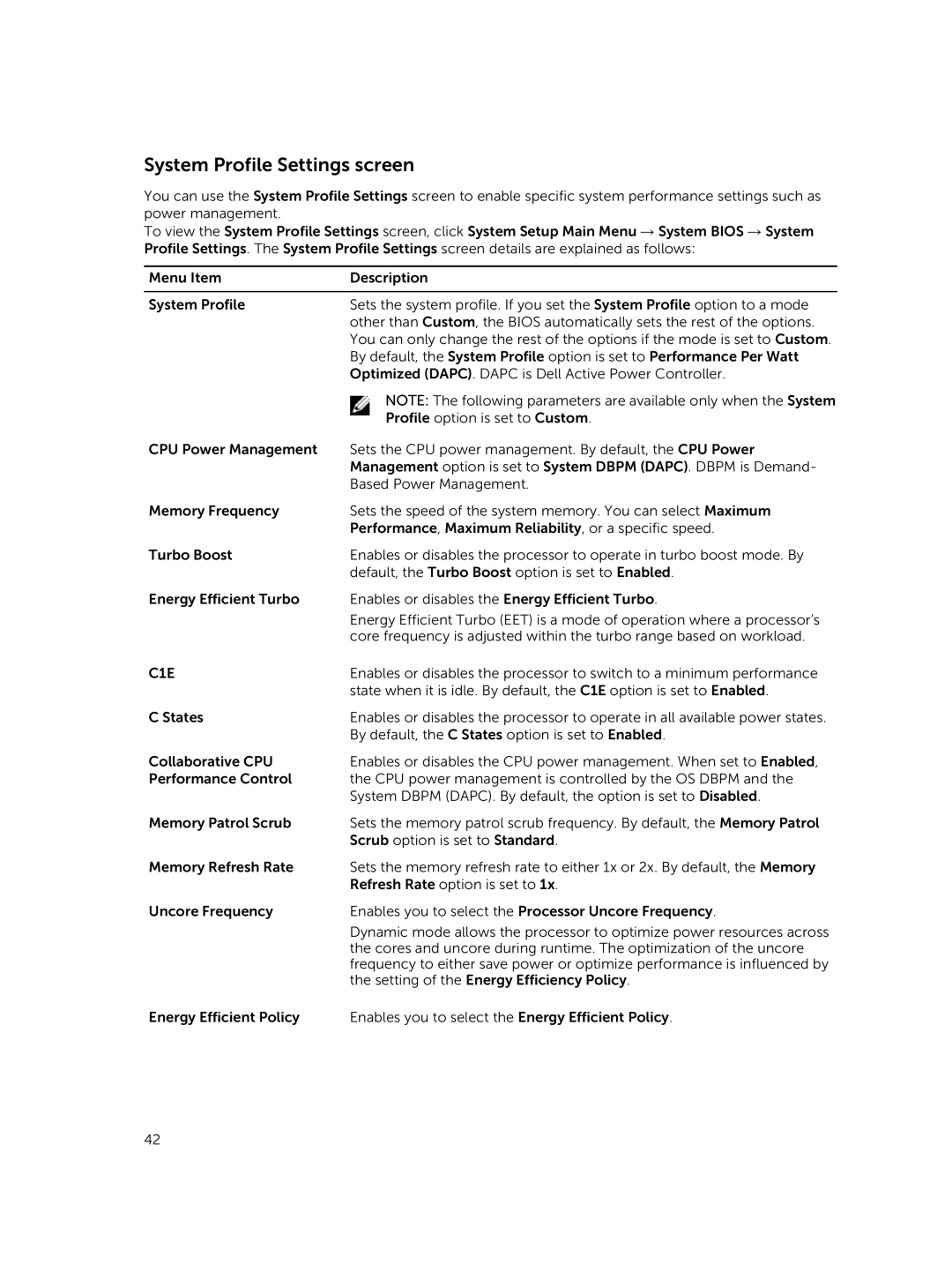 Dell E26S Series owner manual System Profile Settings screen, C1E 