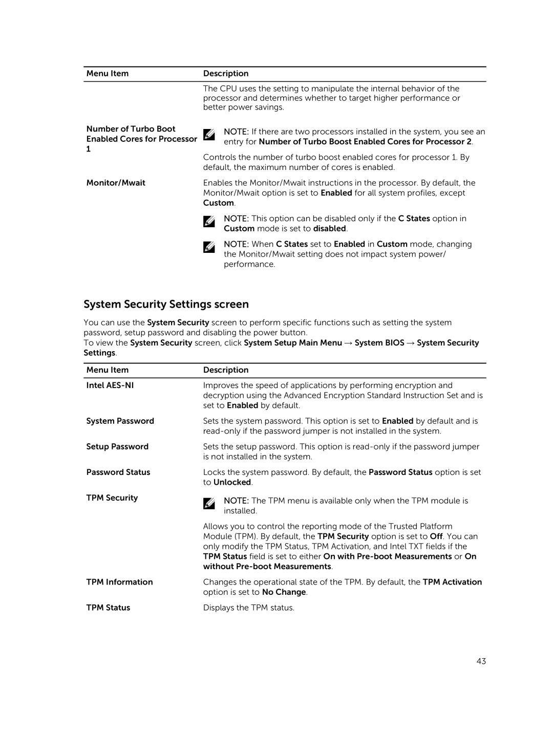 Dell E26S Series owner manual System Security Settings screen 