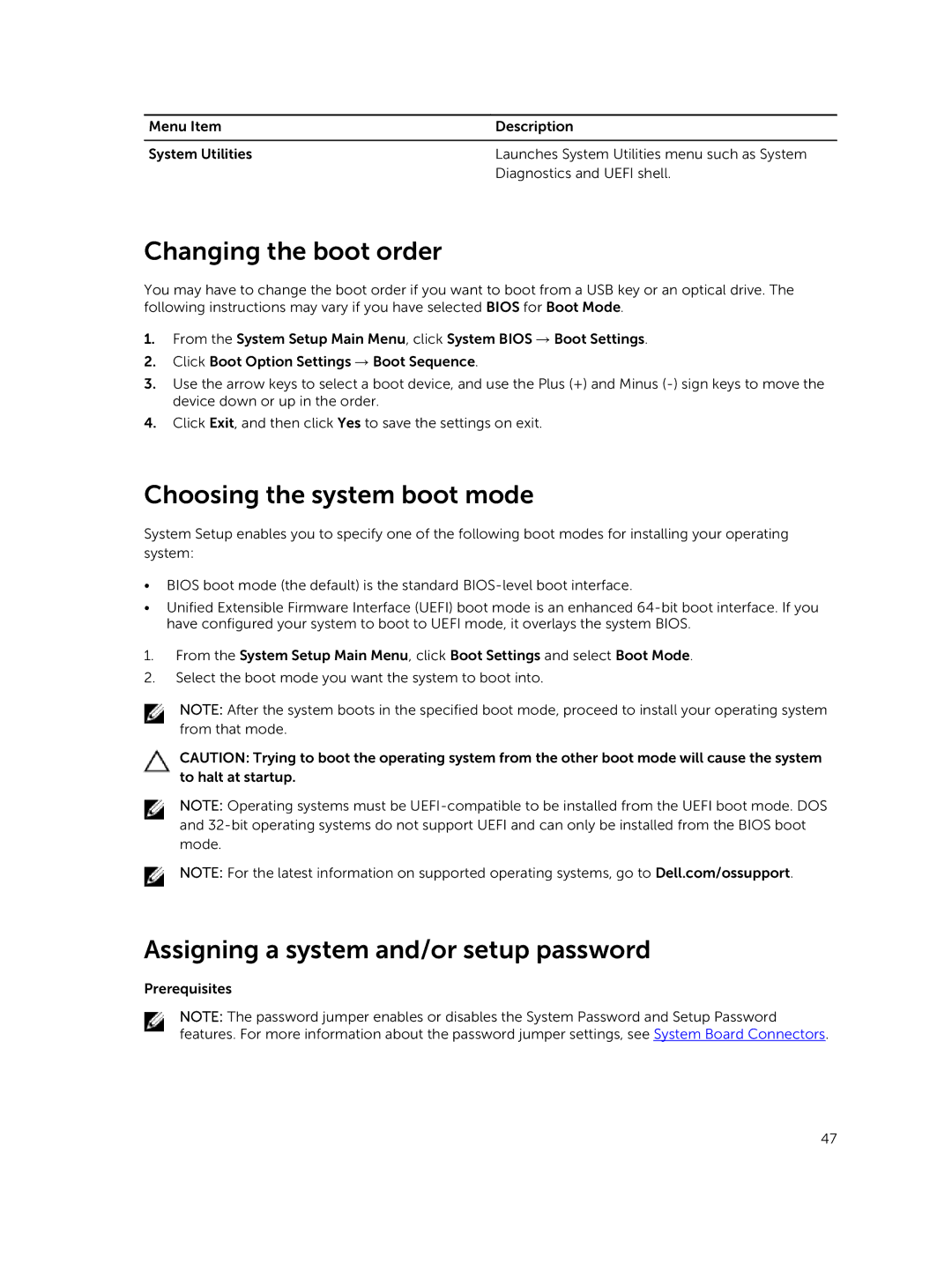 Dell E26S Series Changing the boot order, Choosing the system boot mode, Assigning a system and/or setup password 