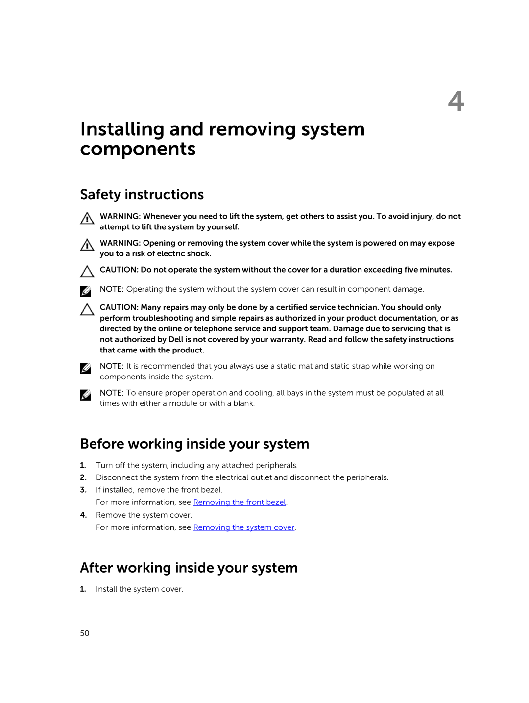 Dell E26S Series owner manual Safety instructions Before working inside your system, After working inside your system 