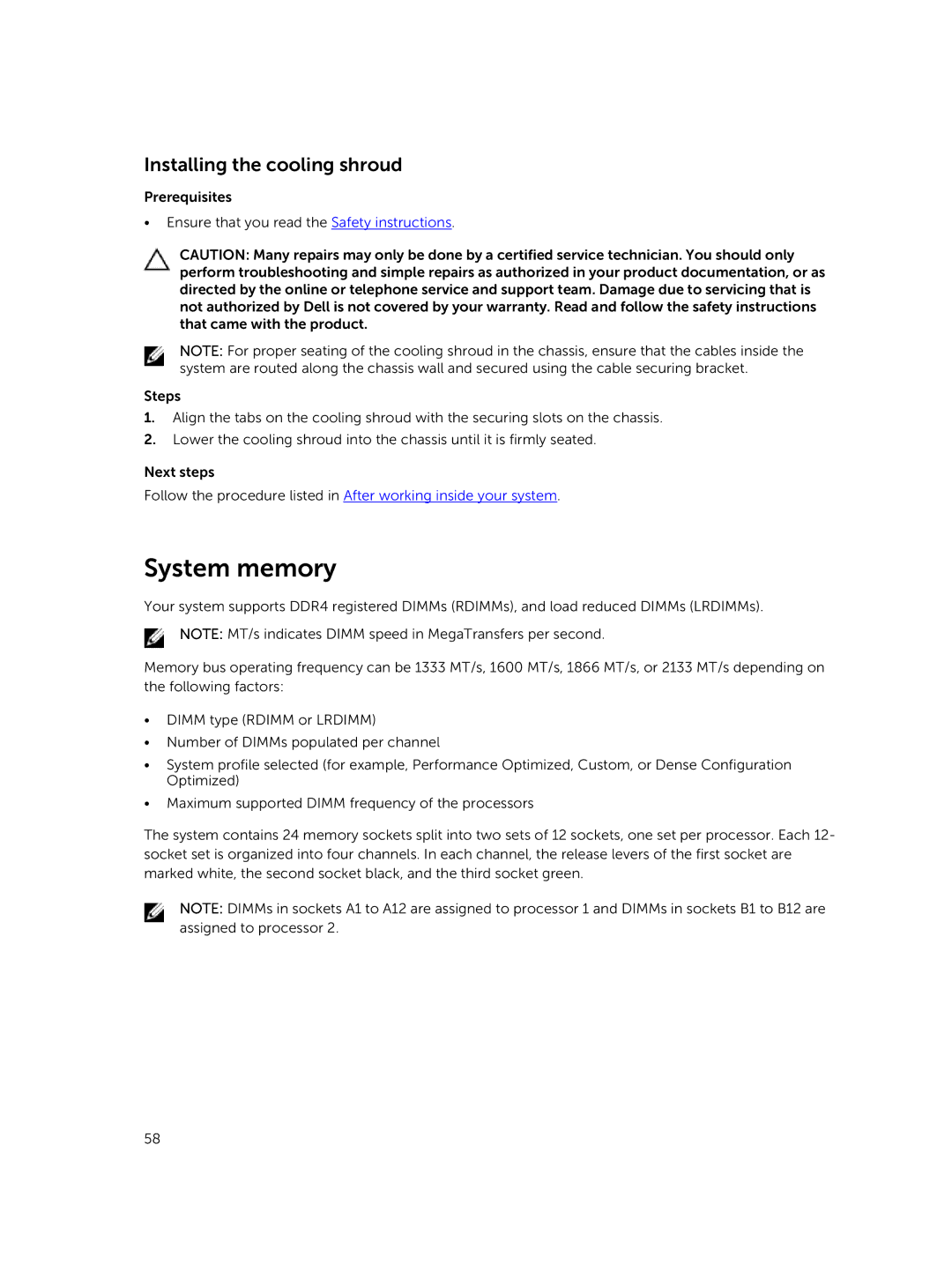 Dell E26S Series owner manual System memory, Installing the cooling shroud 