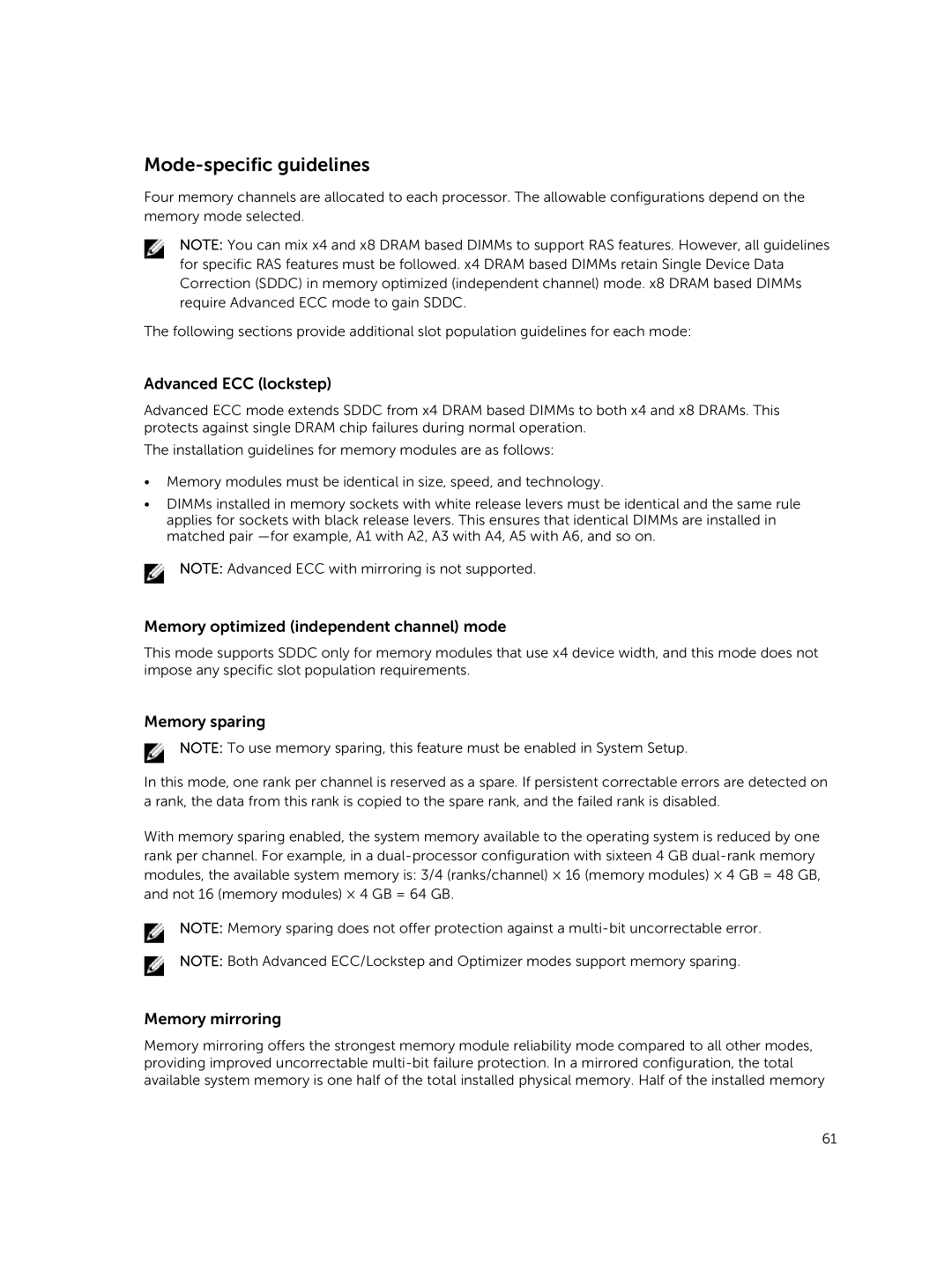 Dell E26S Series owner manual Mode-specific guidelines, Advanced ECC lockstep 