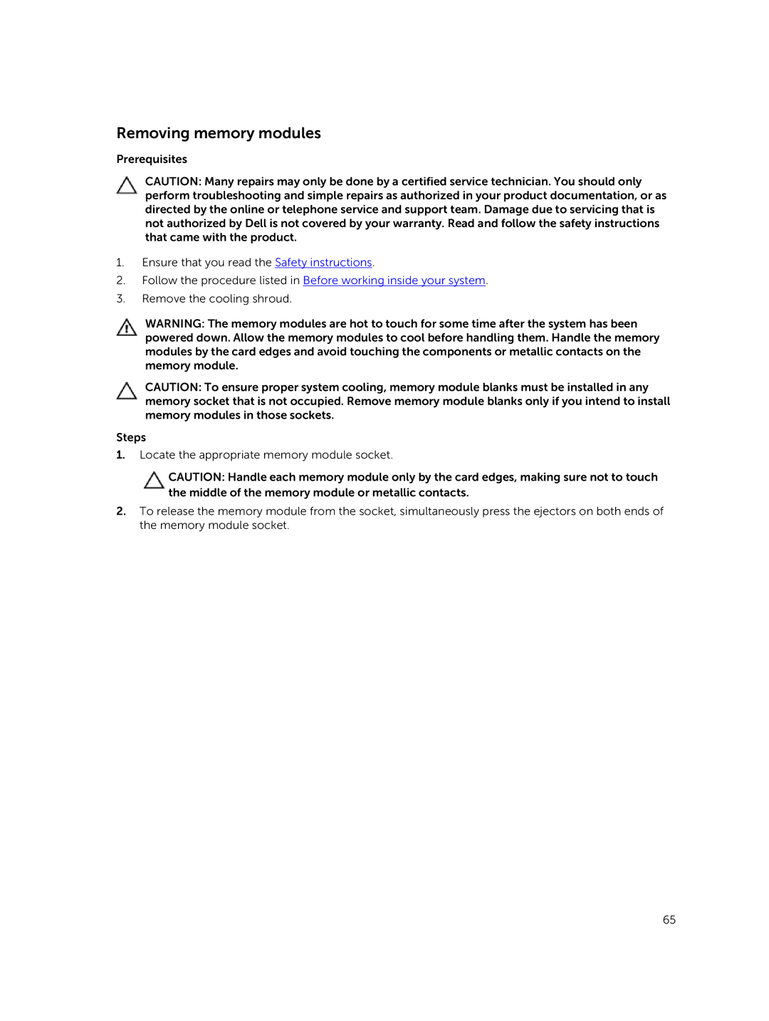 Dell E26S Series owner manual Removing memory modules 