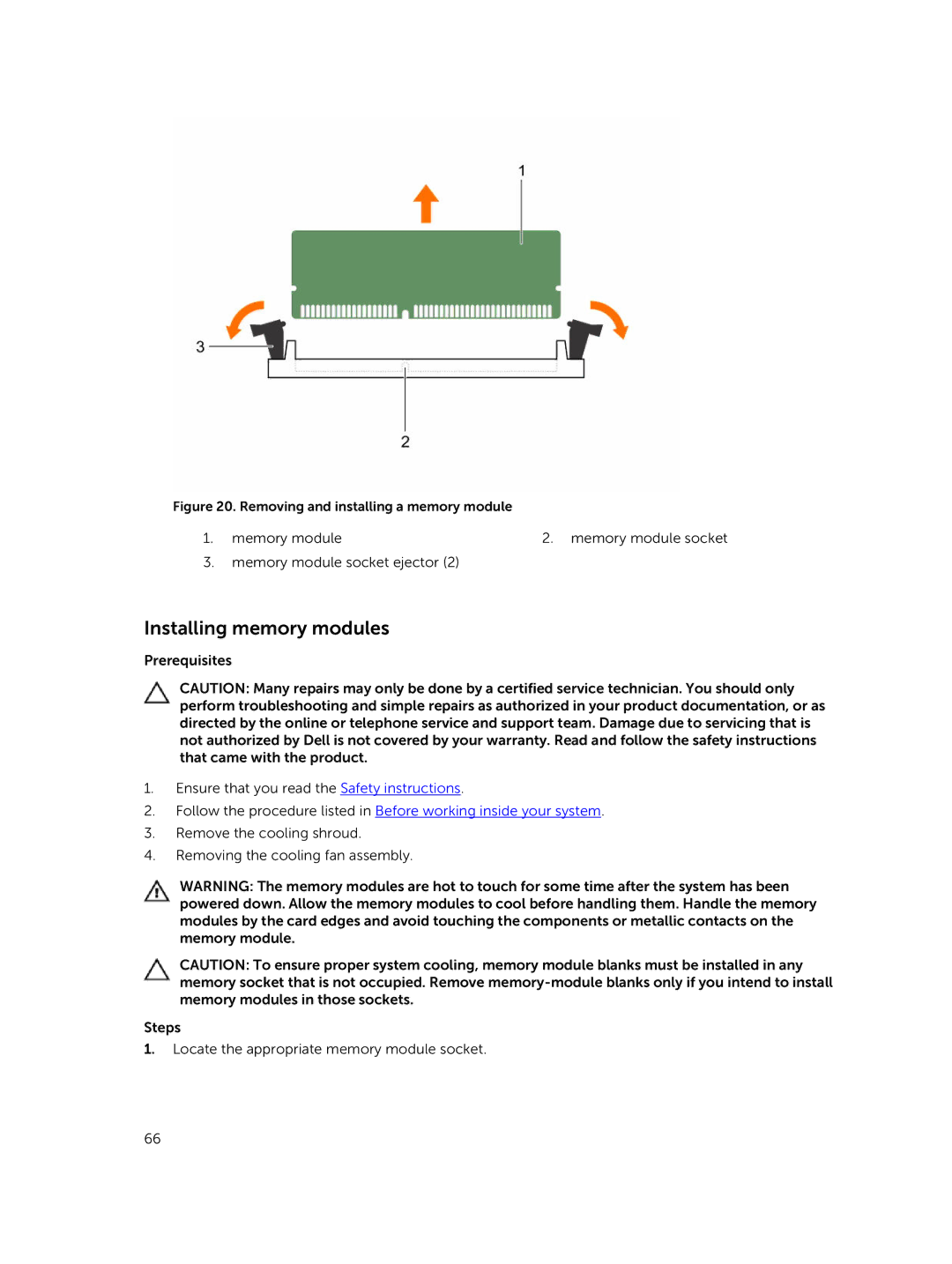 Dell E26S Series owner manual Installing memory modules, Removing and installing a memory module 