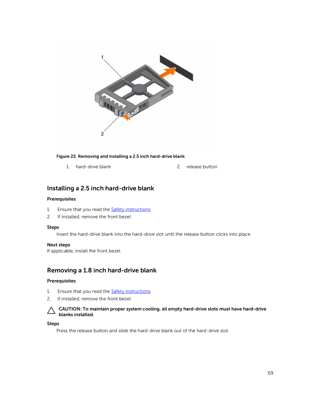 Dell E26S Series owner manual Installing a 2.5 inch hard-drive blank, Removing a 1.8 inch hard-drive blank 