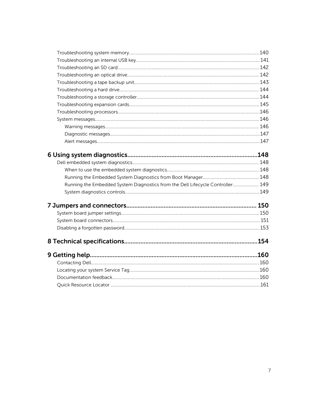 Dell E26S Series Using system diagnostics 148, Jumpers and connectors 150, Technical specifications 154 Getting help 160 