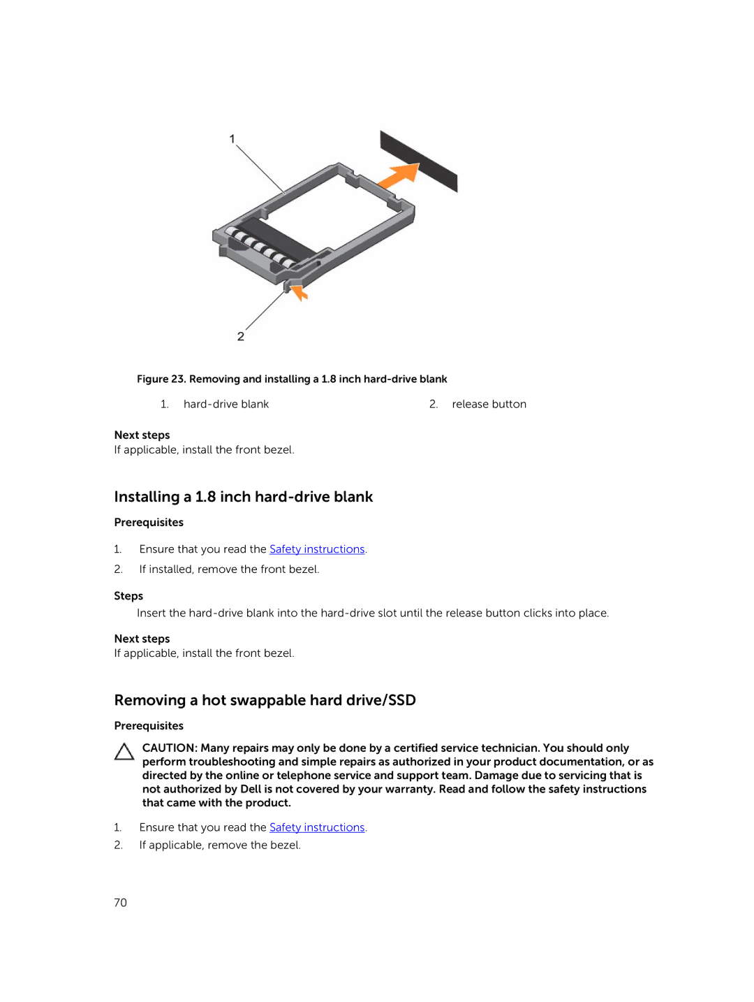 Dell E26S Series owner manual Installing a 1.8 inch hard-drive blank, Removing a hot swappable hard drive/SSD 