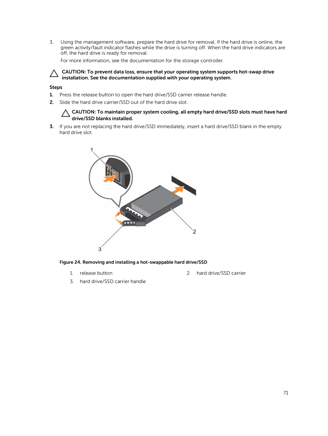 Dell E26S Series owner manual Removing and installing a hot-swappable hard drive/SSD 