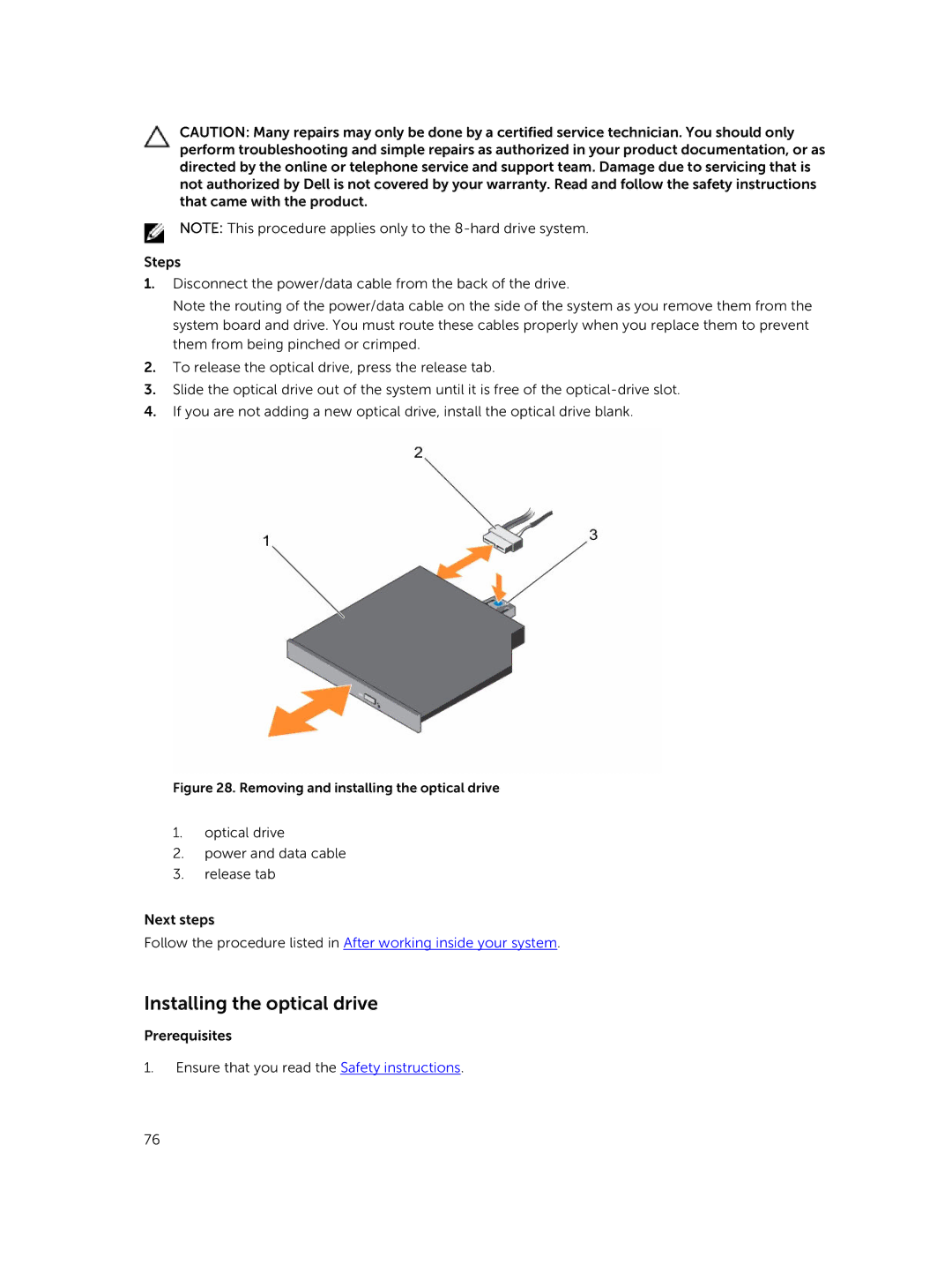 Dell E26S Series owner manual Installing the optical drive, Removing and installing the optical drive 