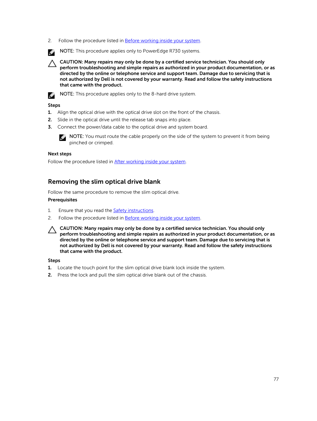 Dell E26S Series owner manual Removing the slim optical drive blank 