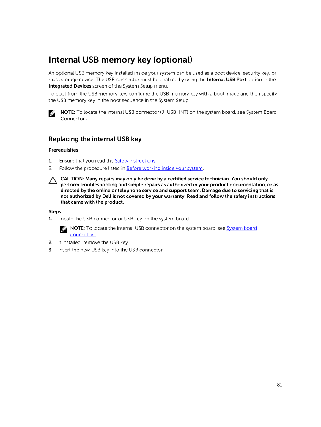 Dell E26S Series owner manual Internal USB memory key optional, Replacing the internal USB key 