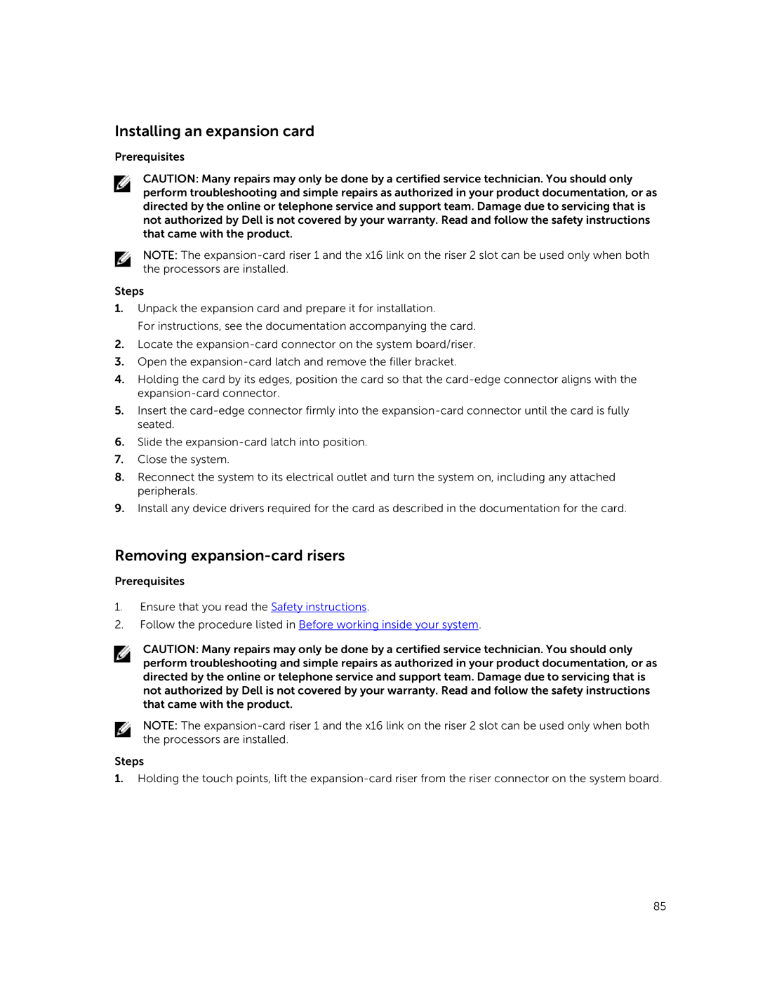 Dell E26S Series owner manual Installing an expansion card, Removing expansion-card risers 