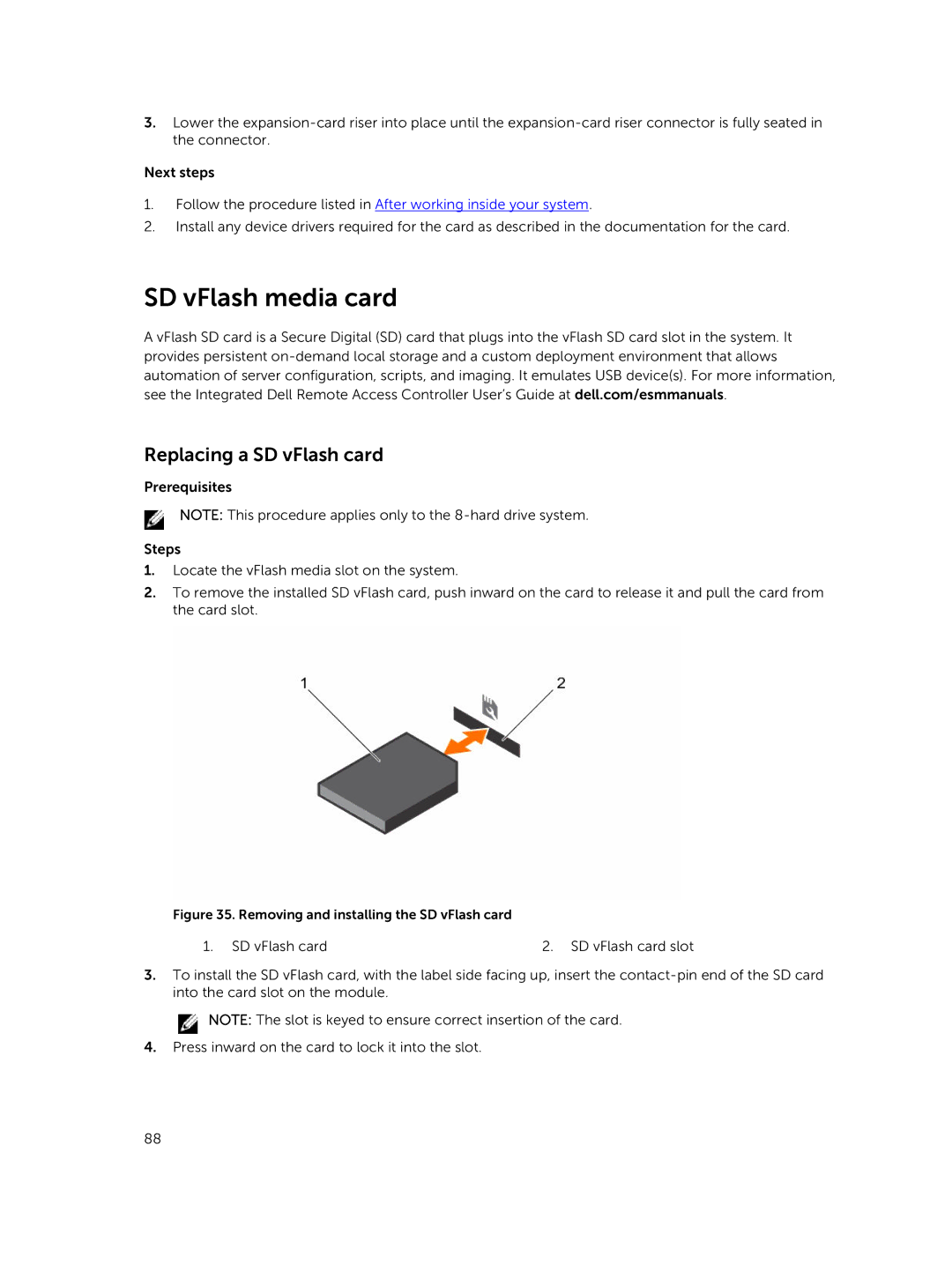 Dell E26S Series owner manual SD vFlash media card, Replacing a SD vFlash card 