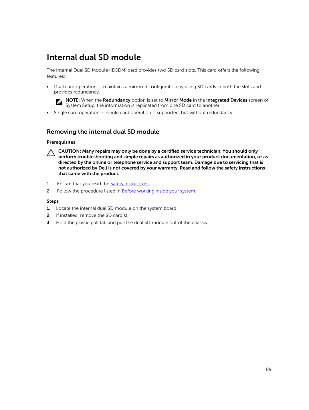 Dell E26S Series owner manual Internal dual SD module, Removing the internal dual SD module 