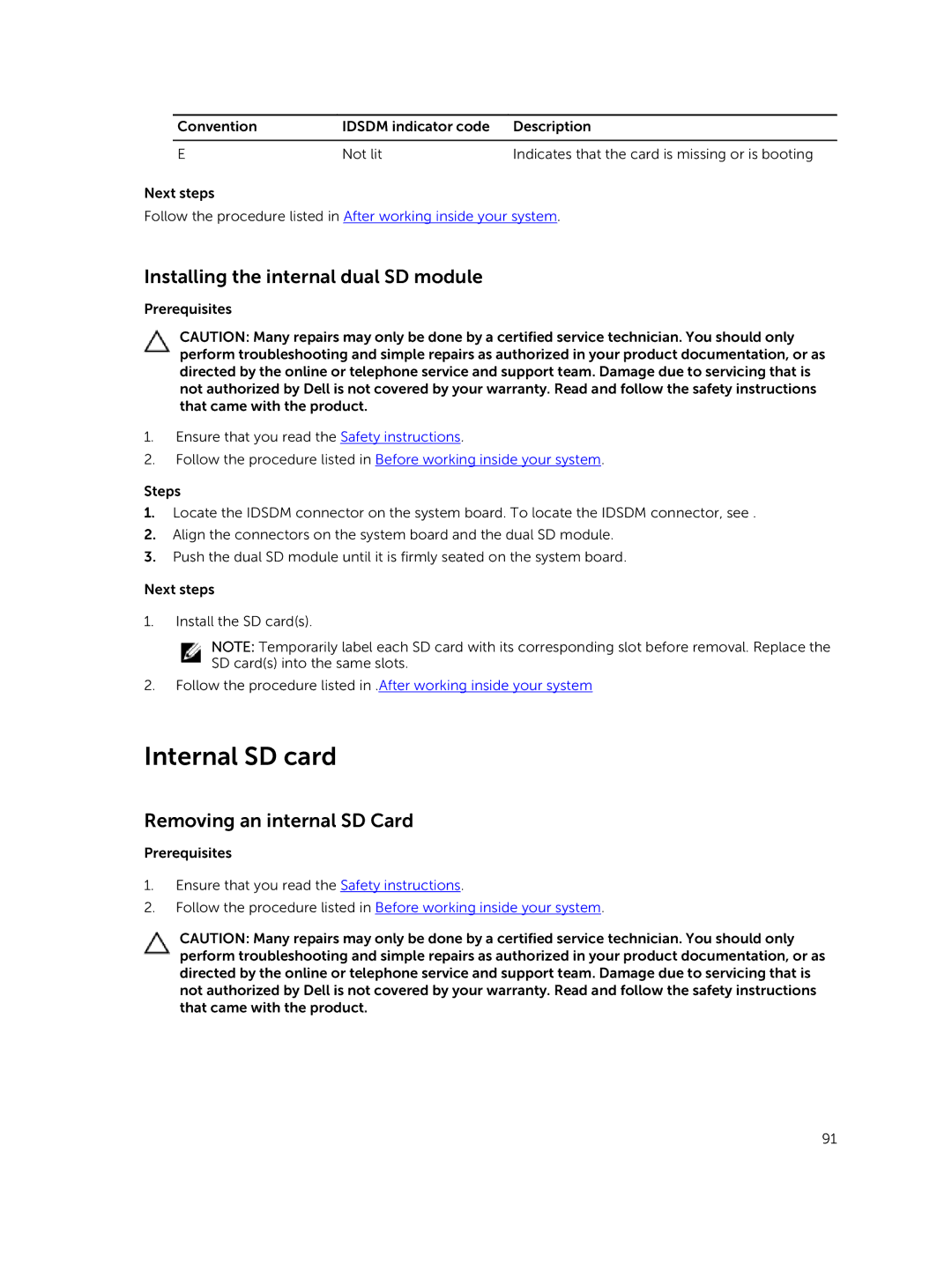 Dell E26S Series owner manual Internal SD card, Installing the internal dual SD module, Removing an internal SD Card 