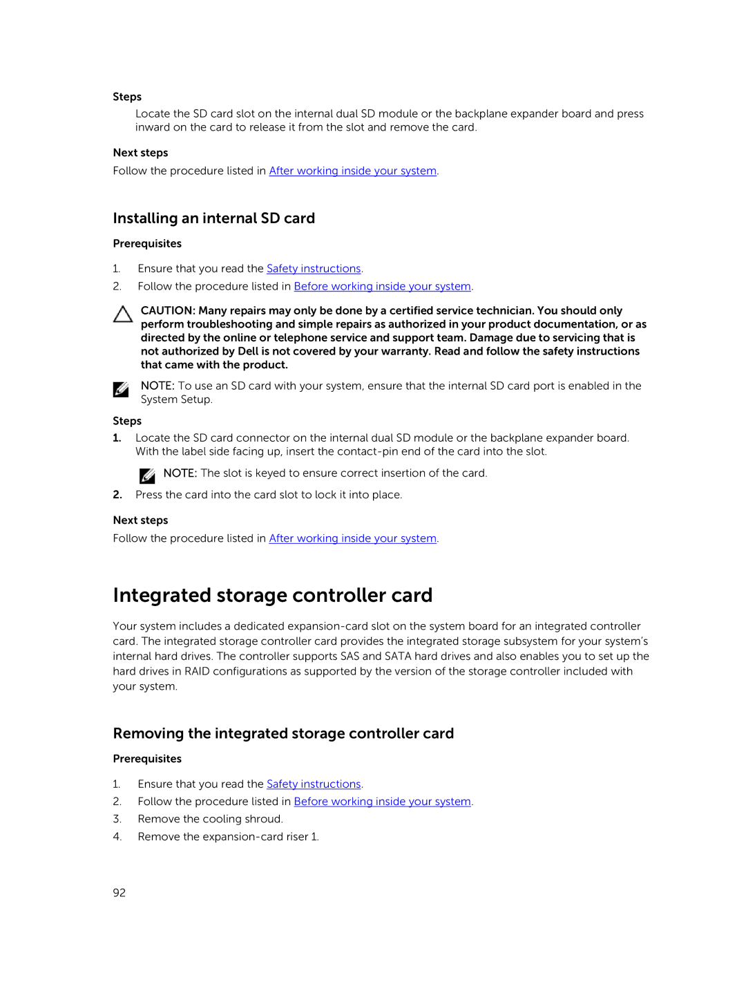 Dell E26S Series owner manual Integrated storage controller card, Installing an internal SD card 