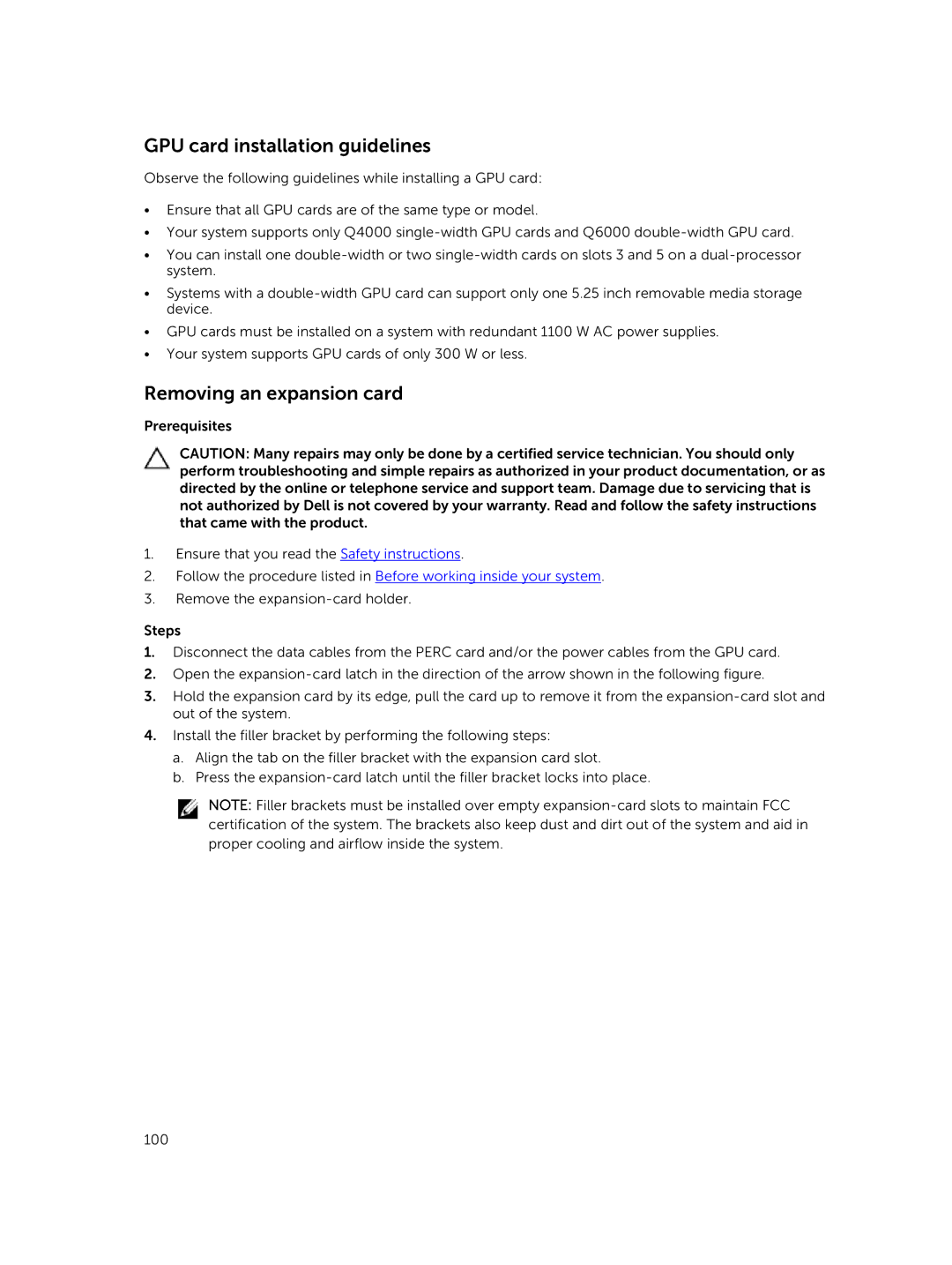 Dell E30S owner manual GPU card installation guidelines, Removing an expansion card 