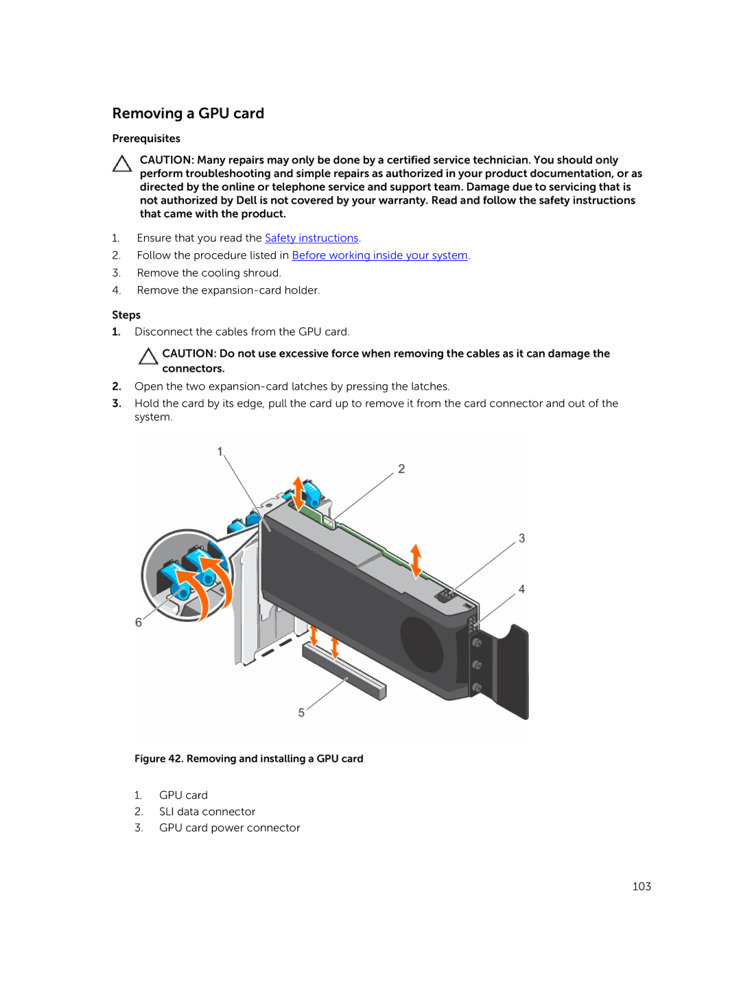 Dell E30S owner manual Removing a GPU card, Removing and installing a GPU card 