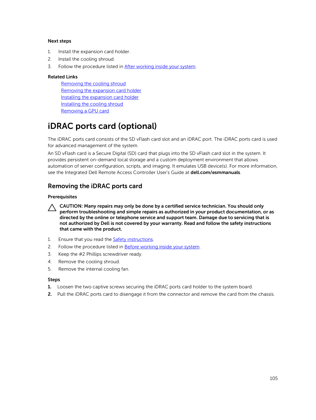 Dell E30S owner manual IDRAC ports card optional, Removing the iDRAC ports card 