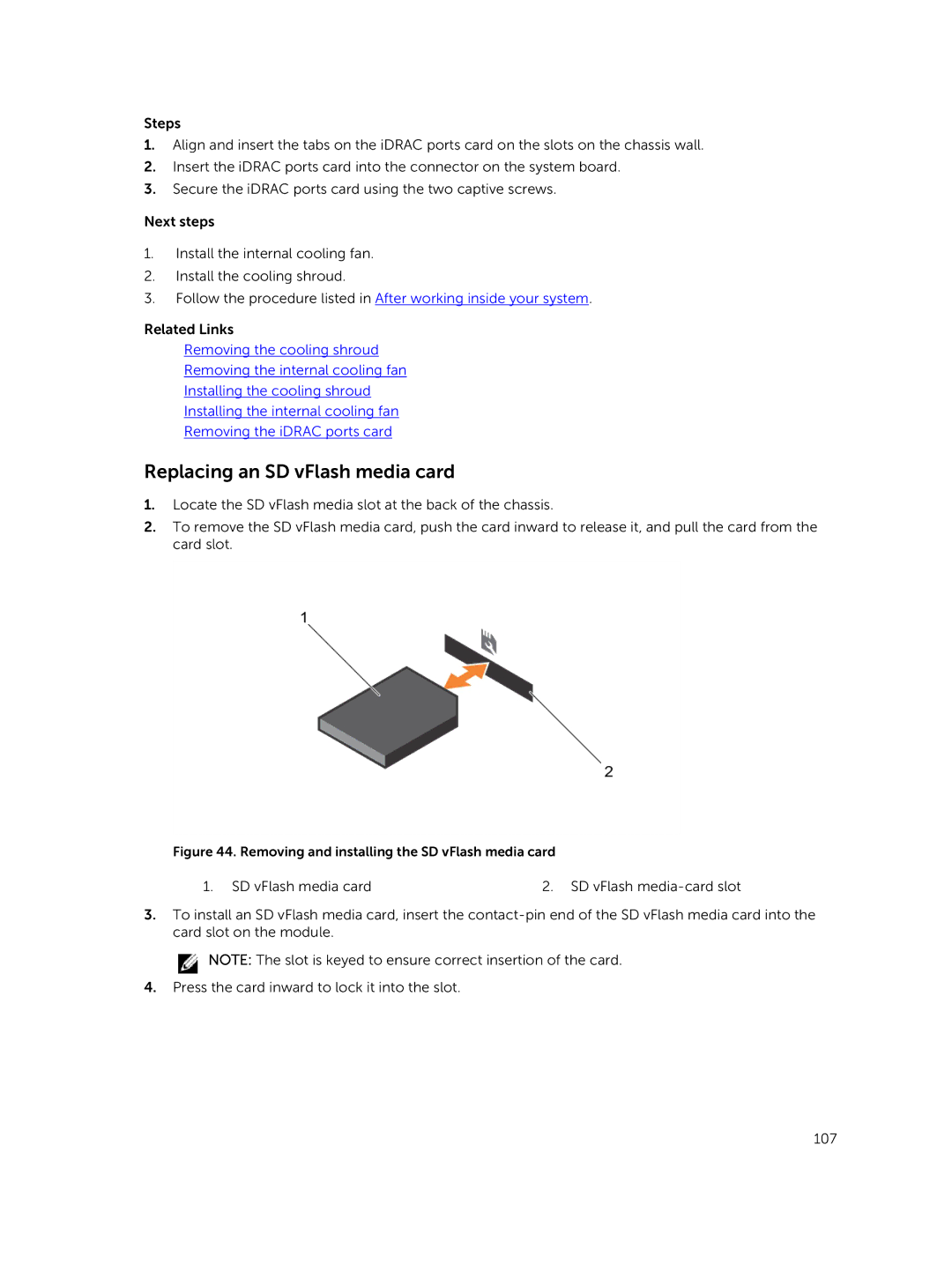 Dell E30S owner manual Replacing an SD vFlash media card, Removing and installing the SD vFlash media card 