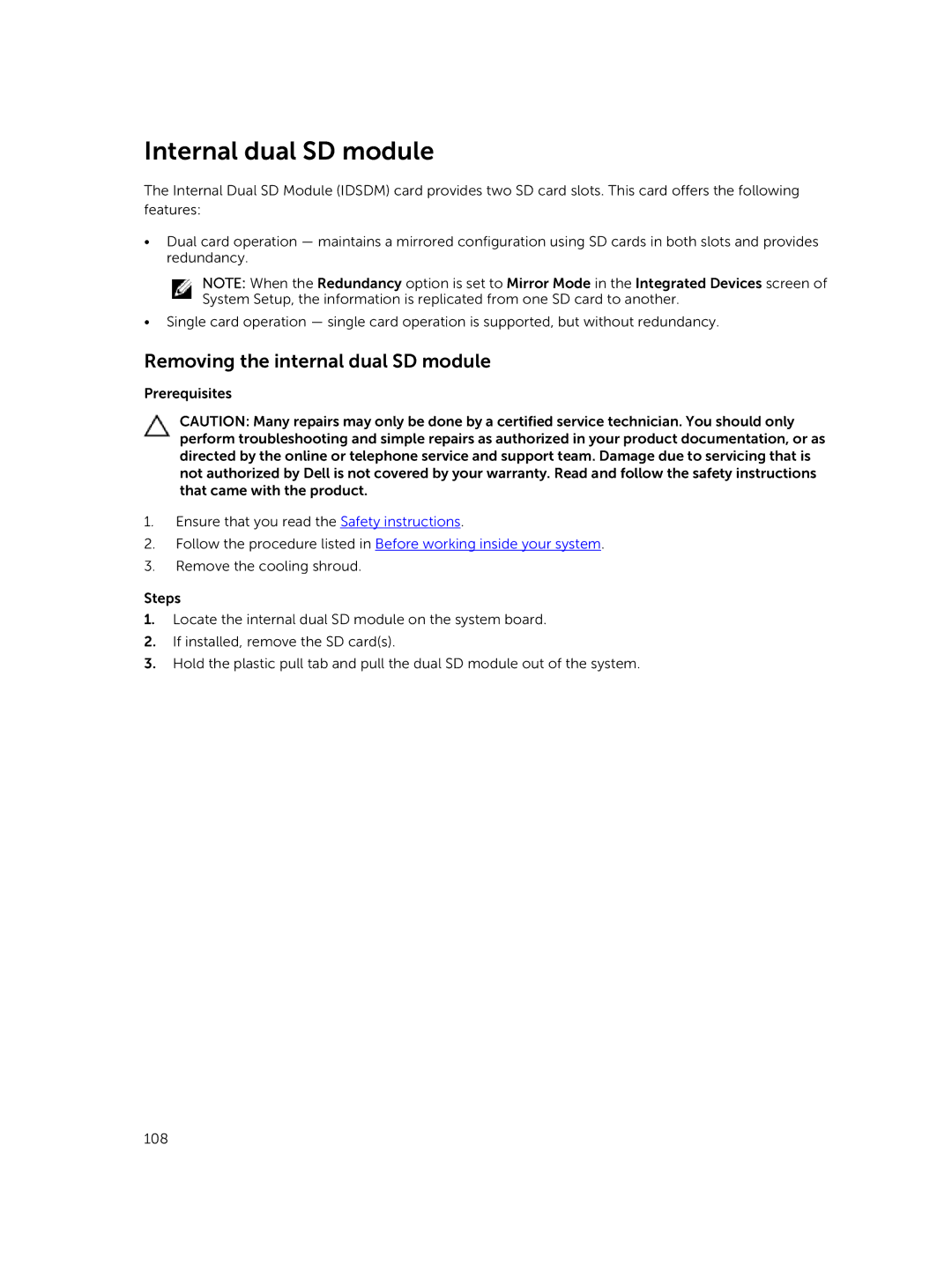 Dell E30S owner manual Internal dual SD module, Removing the internal dual SD module 