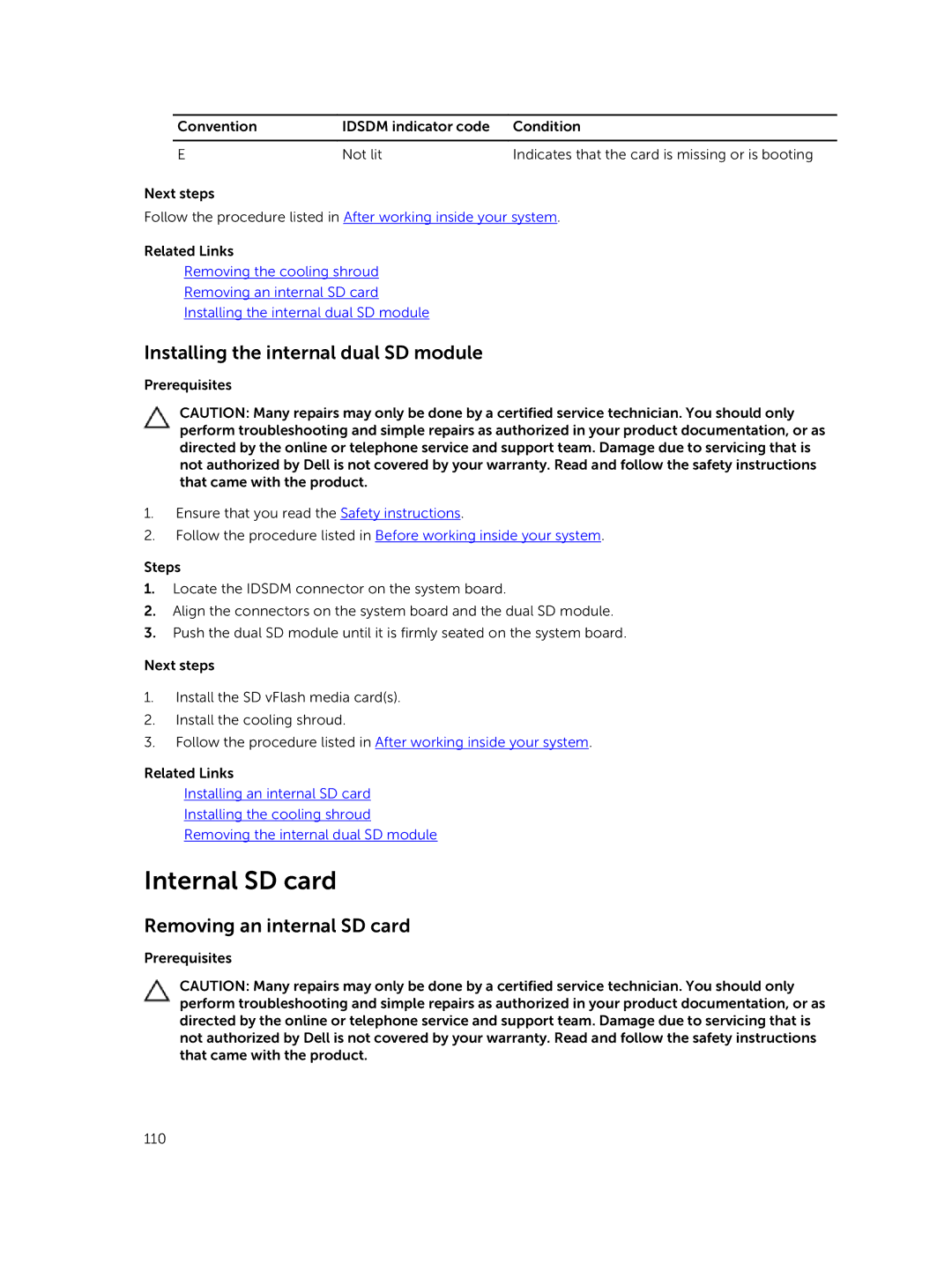 Dell E30S owner manual Internal SD card, Installing the internal dual SD module, Removing an internal SD card 