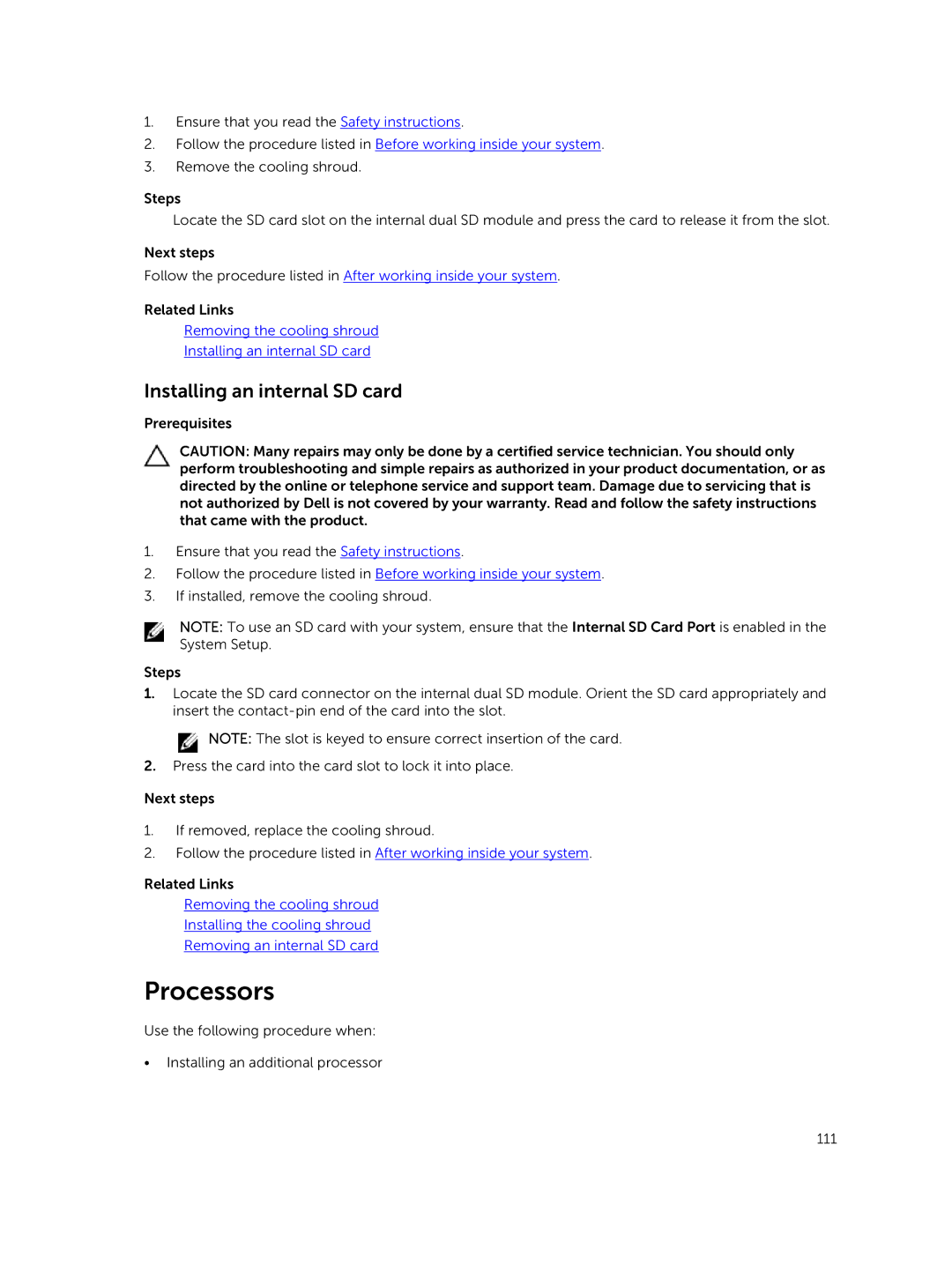 Dell E30S owner manual Processors, Installing an internal SD card 