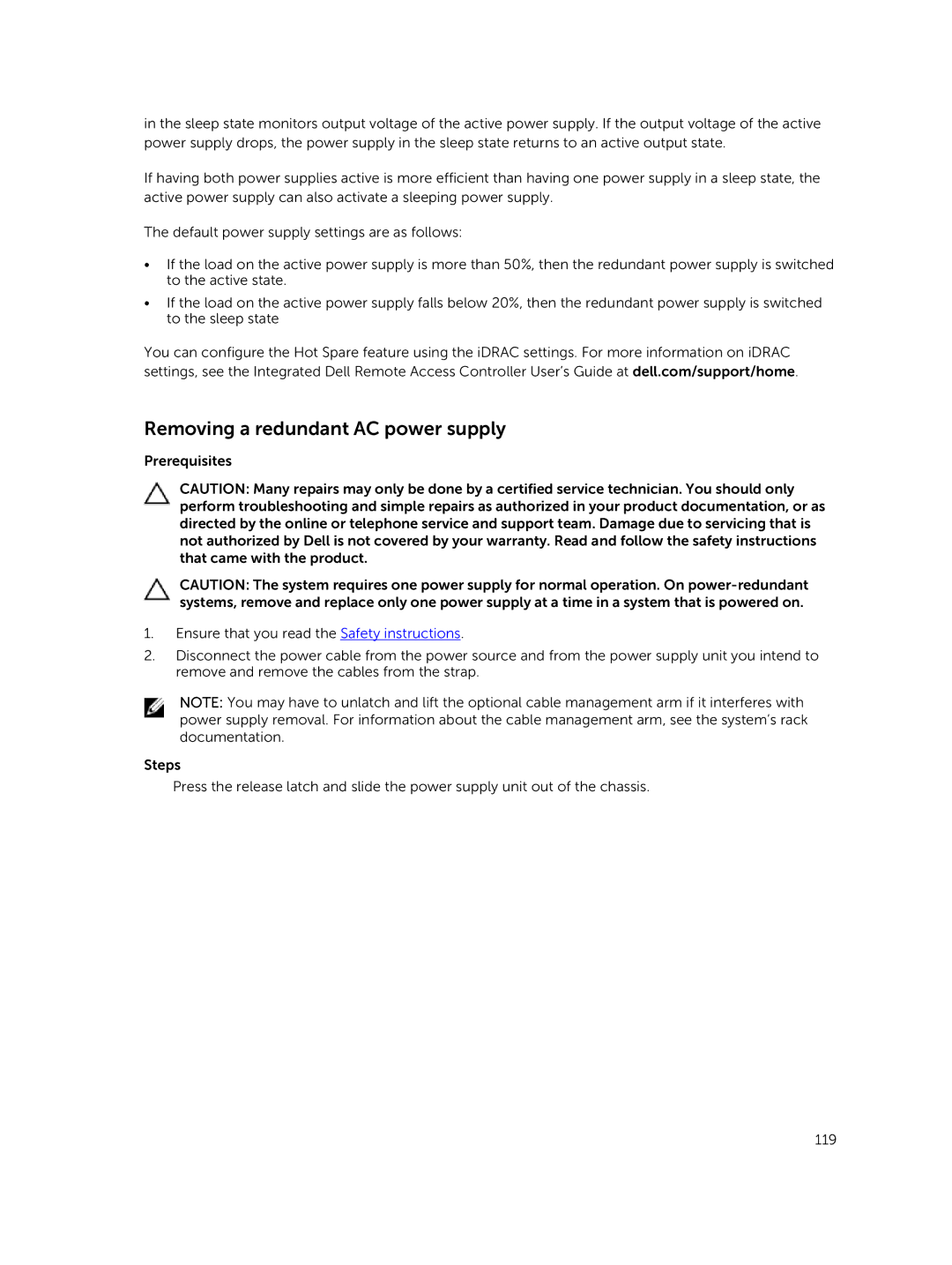 Dell E30S owner manual Removing a redundant AC power supply 