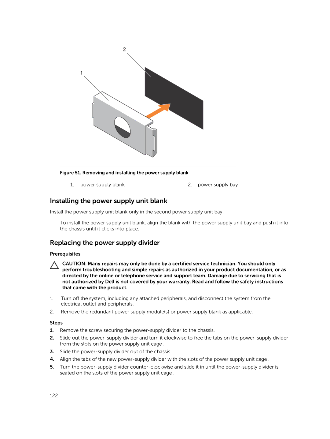 Dell E30S owner manual Installing the power supply unit blank, Replacing the power supply divider 