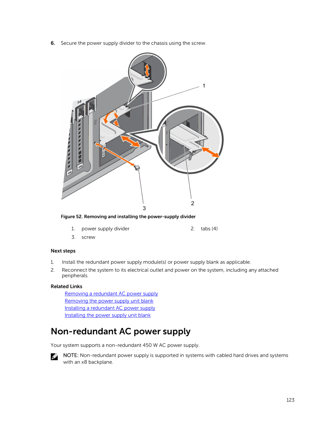 Dell E30S owner manual Non-redundant AC power supply, Removing and installing the power-supply divider 