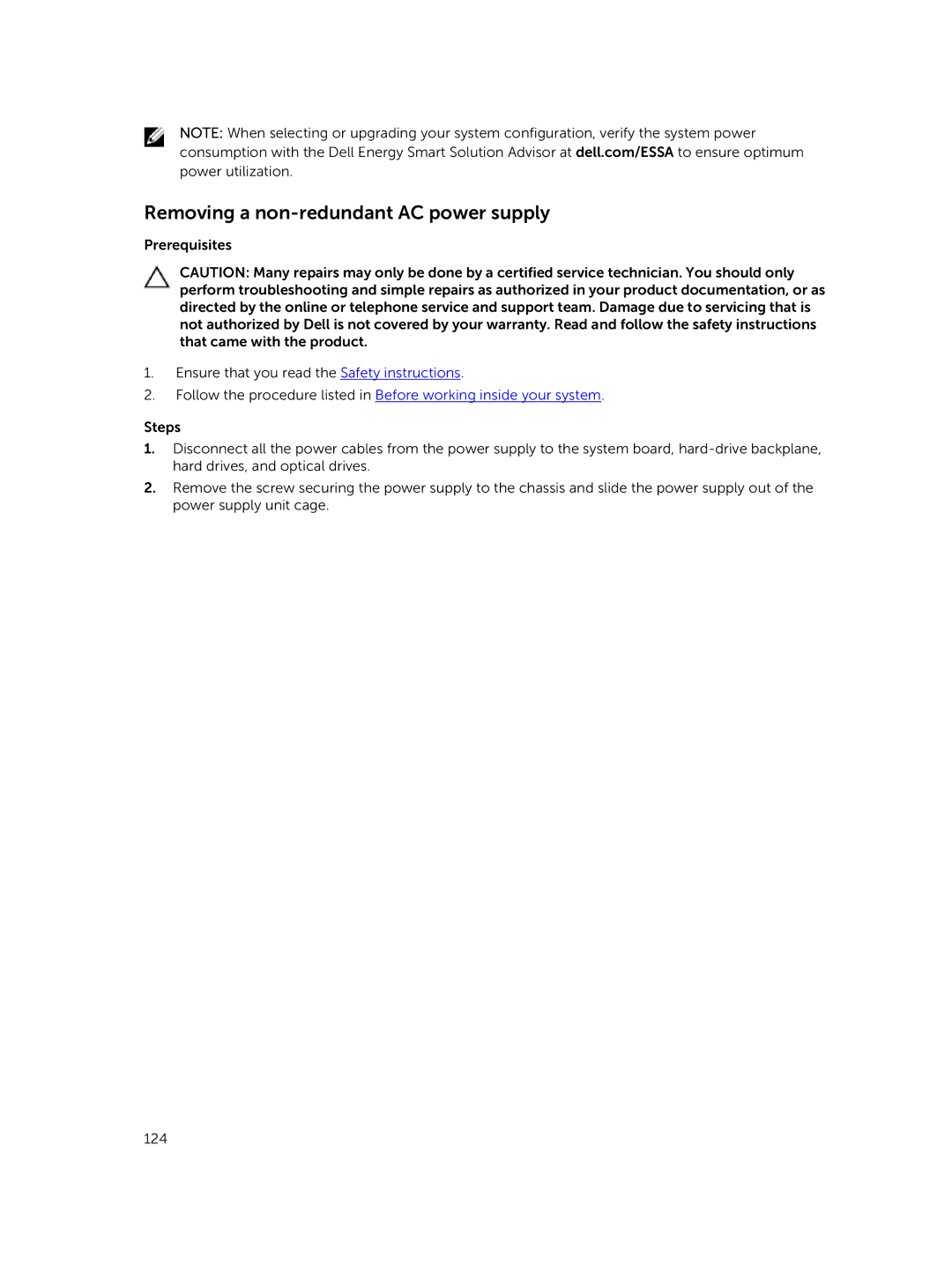 Dell E30S owner manual Removing a non-redundant AC power supply 