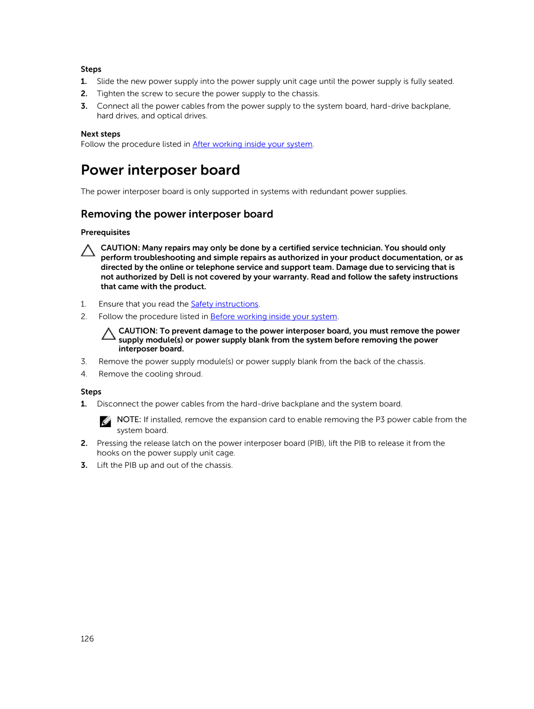 Dell E30S owner manual Power interposer board, Removing the power interposer board 