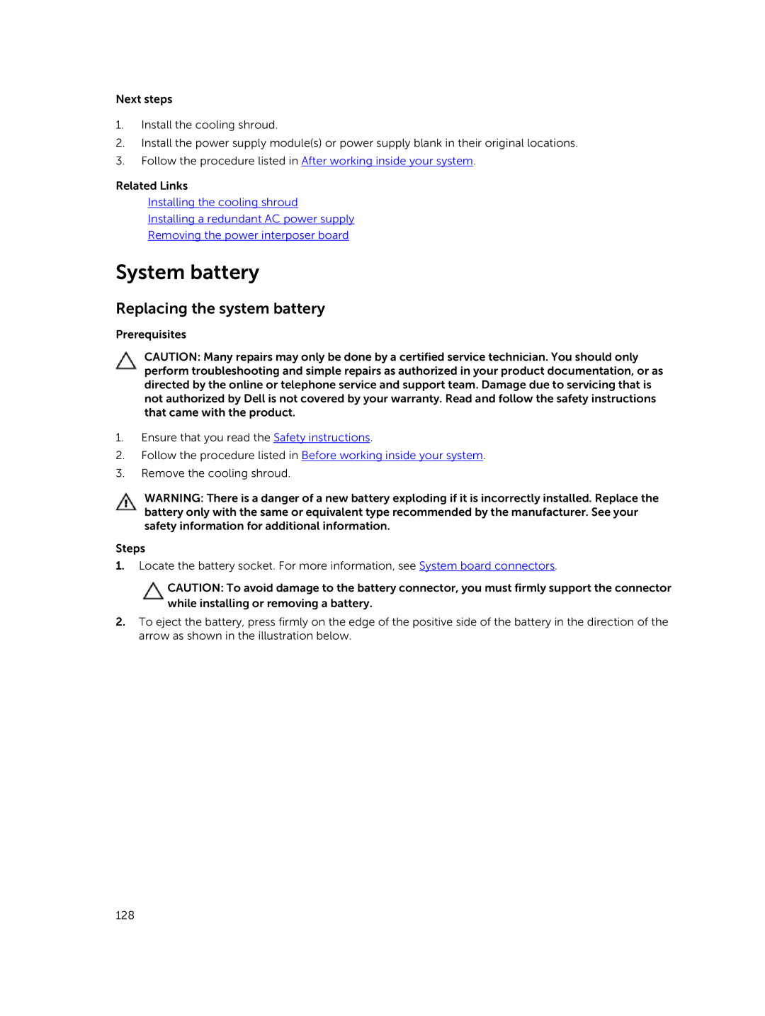 Dell E30S owner manual System battery, Replacing the system battery 