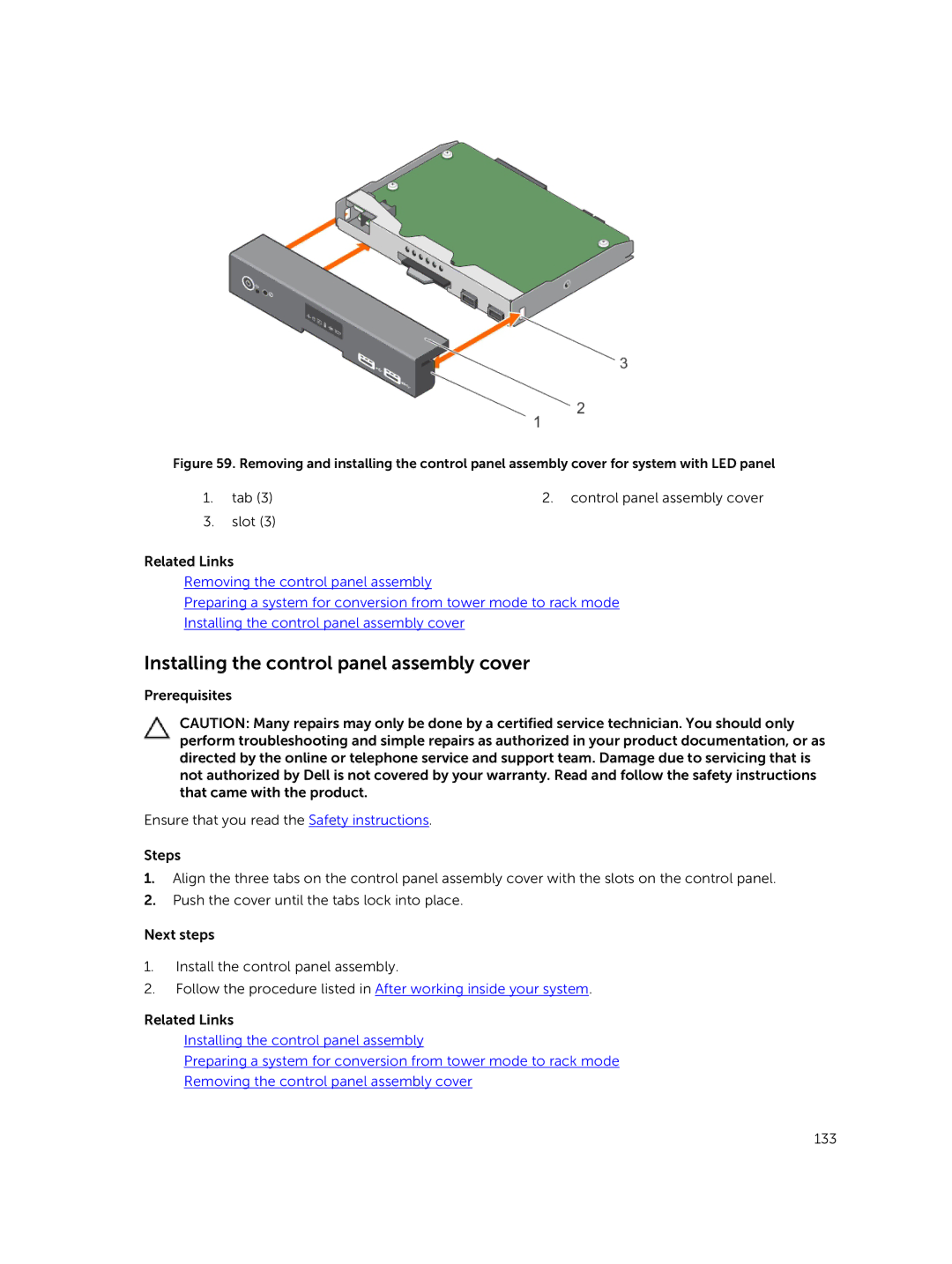 Dell E30S owner manual Installing the control panel assembly cover 