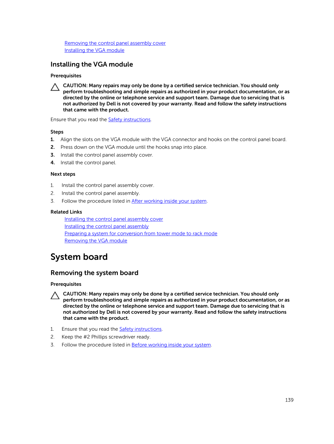 Dell E30S owner manual System board, Installing the VGA module, Removing the system board 