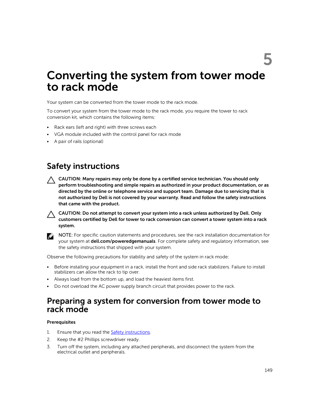 Dell E30S owner manual Converting the system from tower mode to rack mode, Safety instructions 