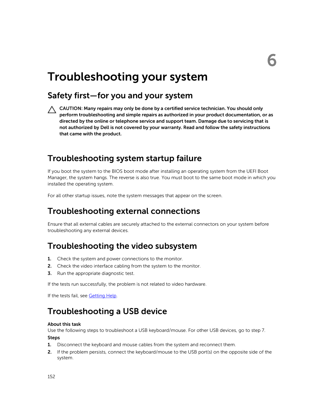 Dell E30S Troubleshooting external connections, Troubleshooting the video subsystem, Troubleshooting a USB device 