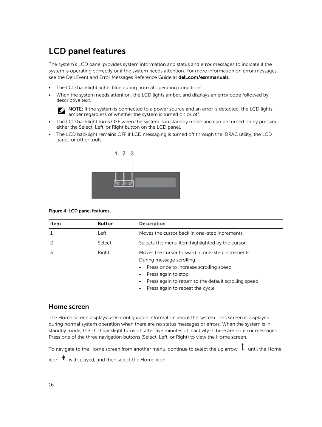 Dell E30S owner manual LCD panel features, Home screen 