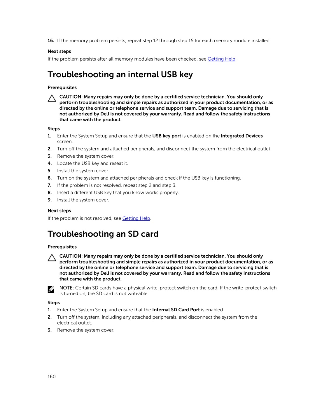 Dell E30S owner manual Troubleshooting an internal USB key, Troubleshooting an SD card 