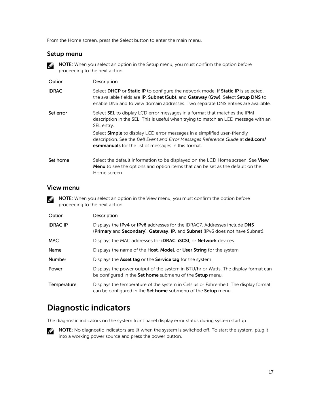 Dell E30S owner manual Diagnostic indicators, Setup menu, View menu 