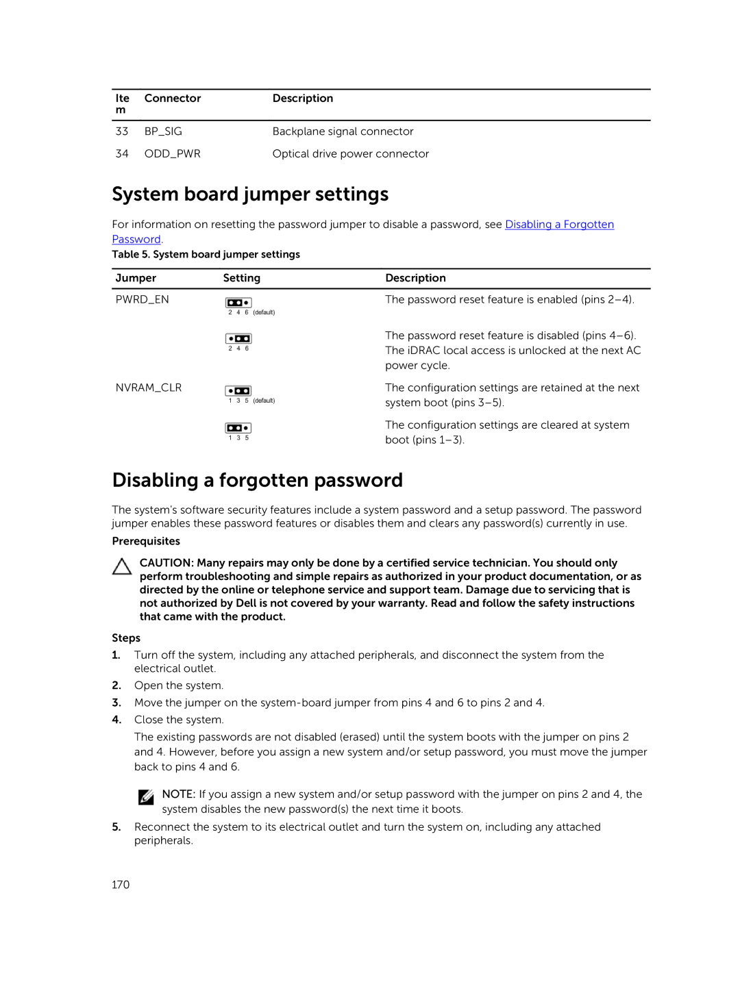 Dell E30S owner manual System board jumper settings, Disabling a forgotten password 