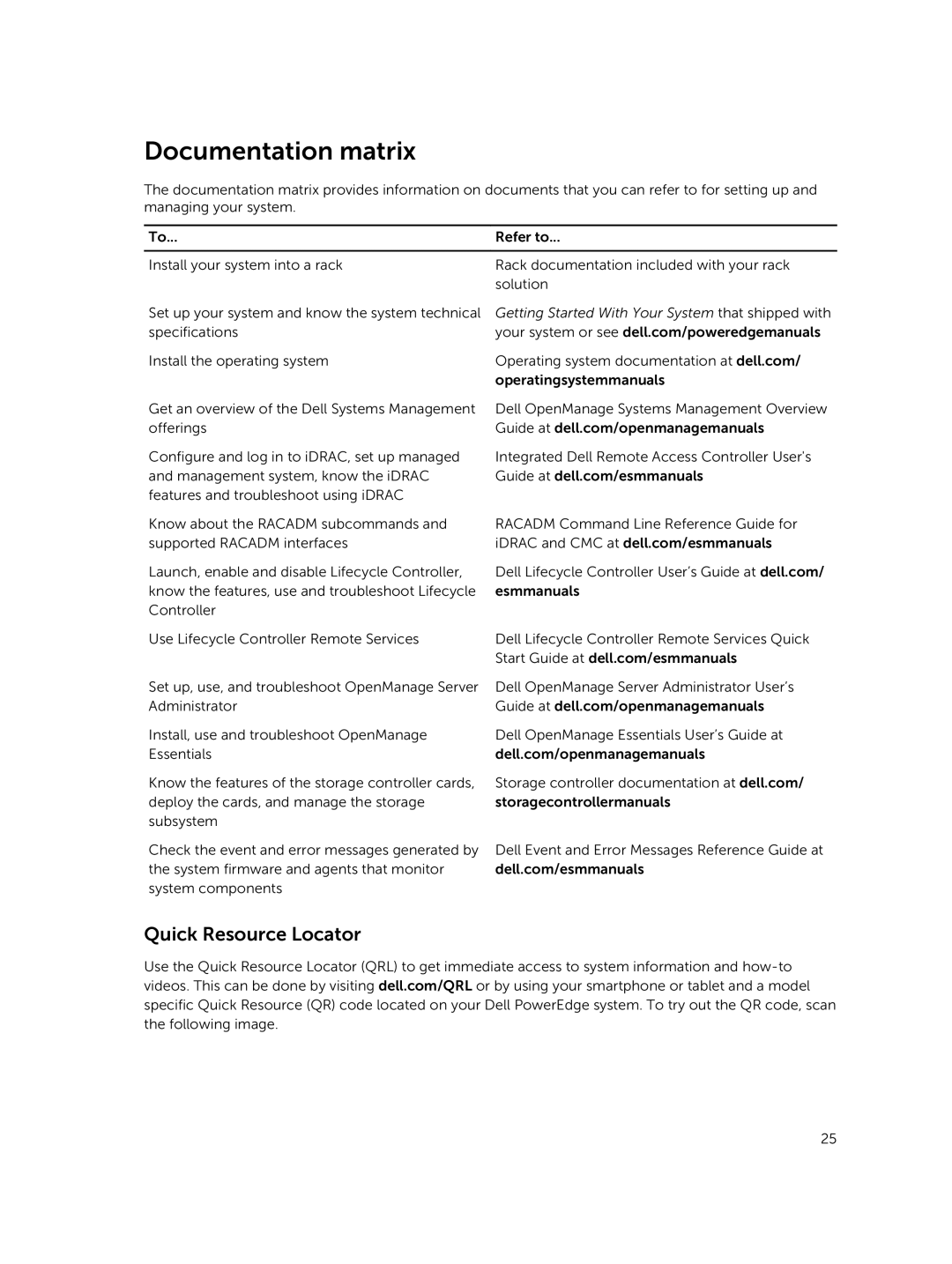 Dell E30S owner manual Documentation matrix, Quick Resource Locator 