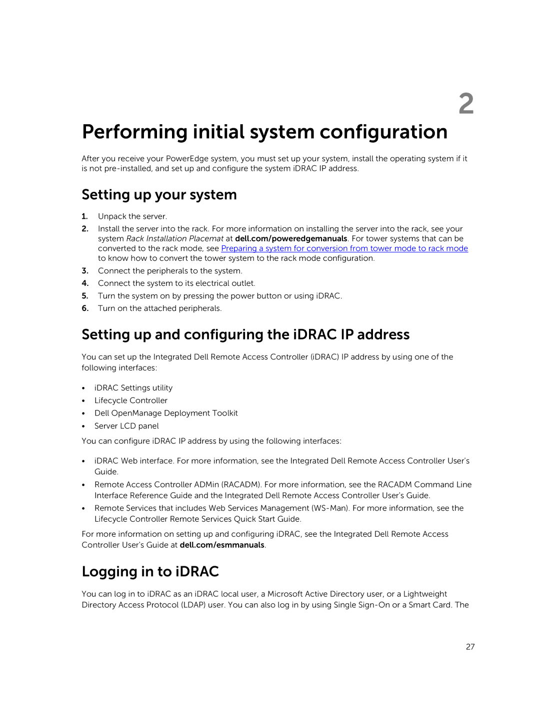 Dell E30S owner manual Setting up your system, Setting up and configuring the iDRAC IP address, Logging in to iDRAC 