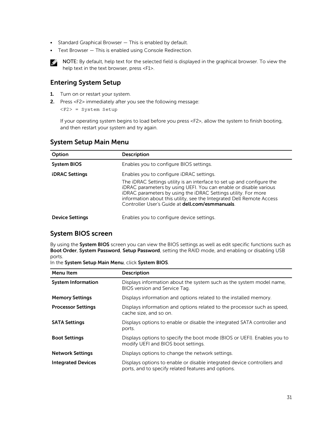 Dell E30S owner manual Entering System Setup, System Setup Main Menu, System Bios screen 