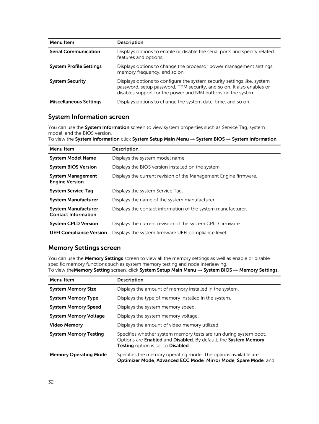 Dell E30S owner manual System Information screen, Memory Settings screen 