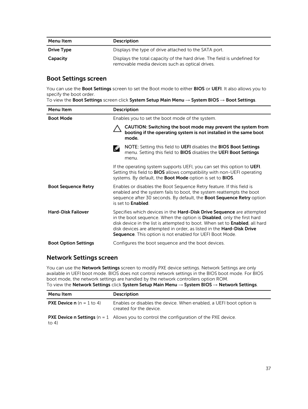 Dell E30S owner manual Boot Settings screen, Network Settings screen 