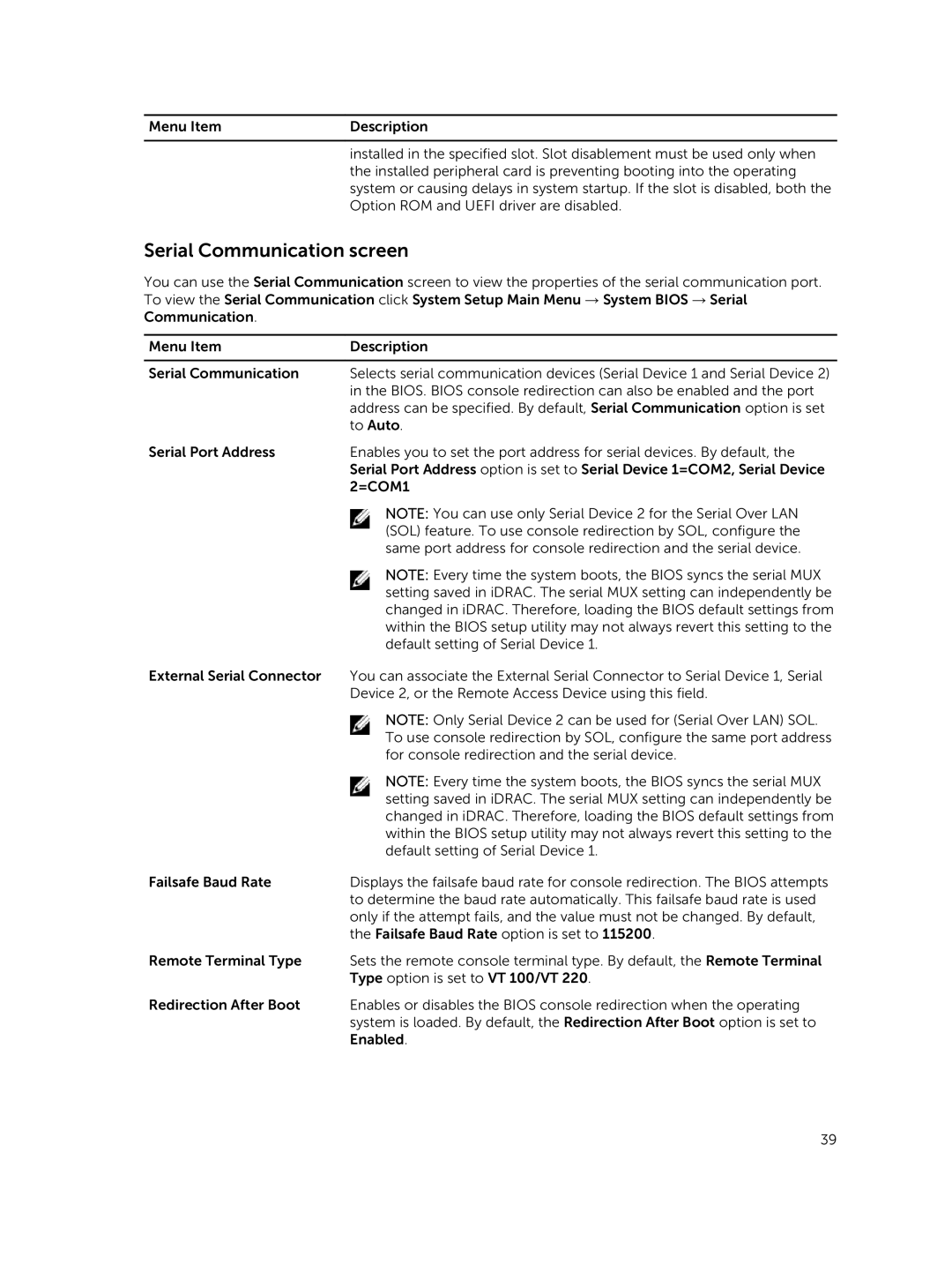 Dell E30S owner manual Serial Communication screen 