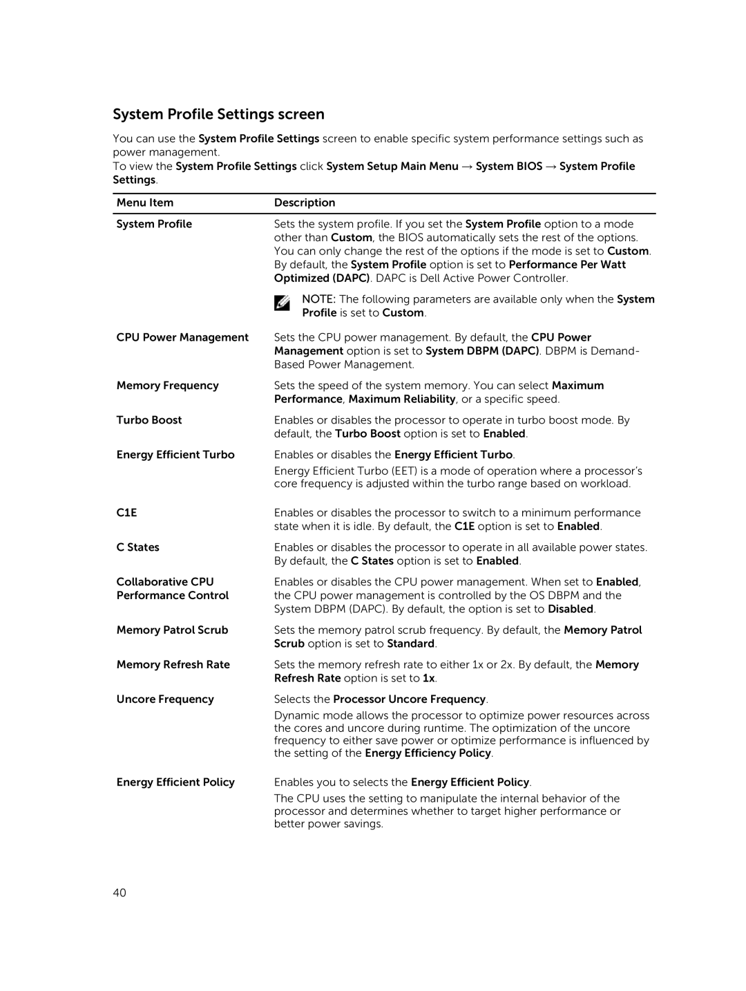 Dell E30S owner manual System Profile Settings screen, C1E 